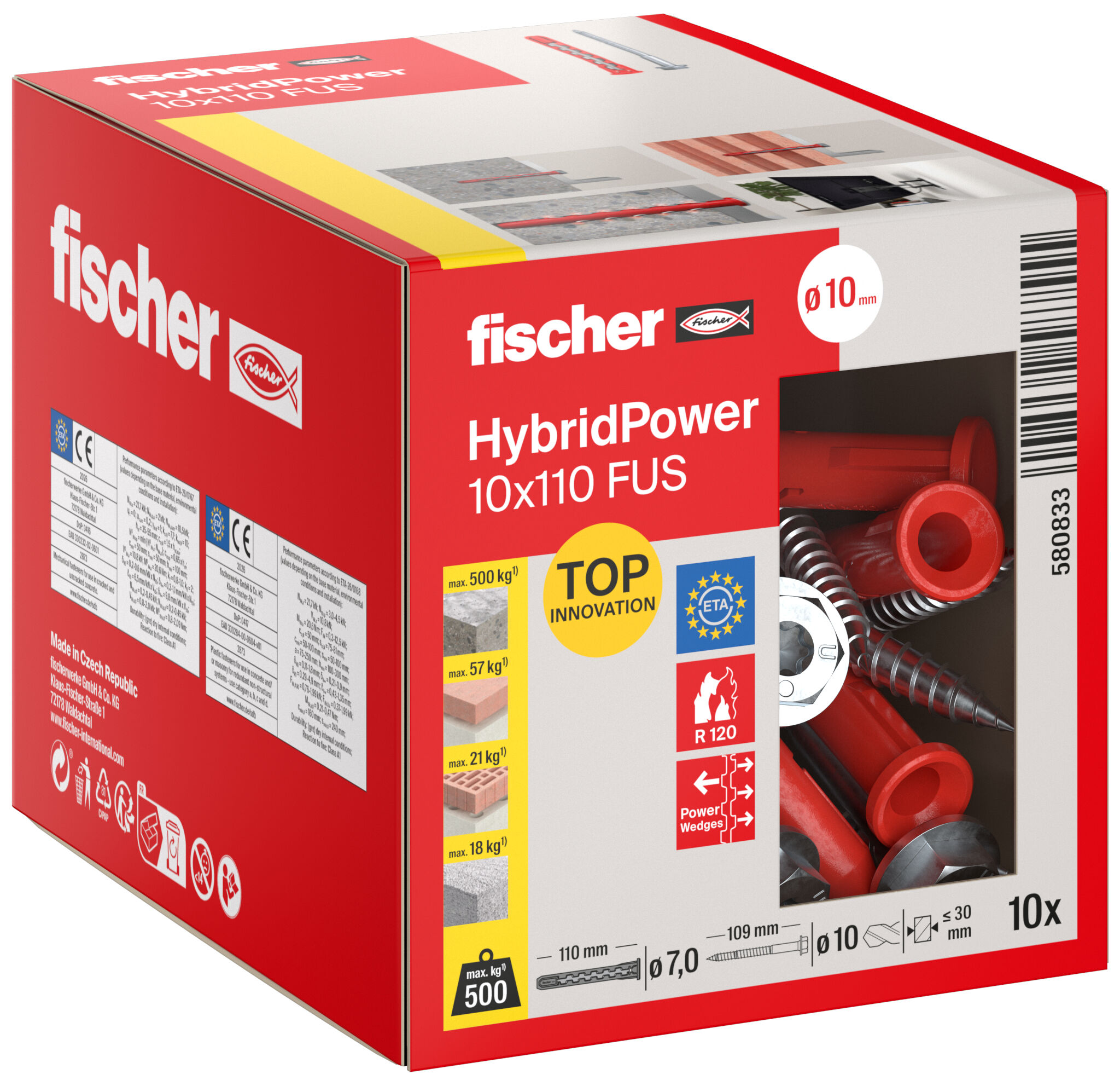 fischer HybridPower 10 x 110 FUS (10), hexagonal screw with
